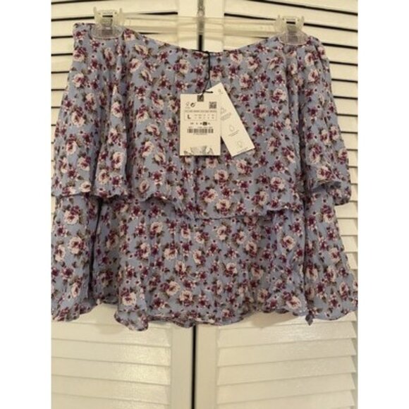 Zara Women Skort Large Blue White Floral Tiered Mini Ruffle Cattagecore Peasant - Picture 1 of 8
